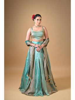Label Nilansha Jain - Rivaayat Light Blue Tissue Stitched Lehenga With Choli And Dupatta