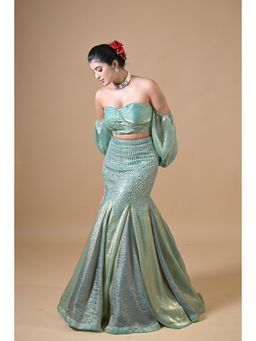 Label Nilansha Jain - Rivaayat Blue Fishcut Tissue Stitched Lehenga With Choli And Belt