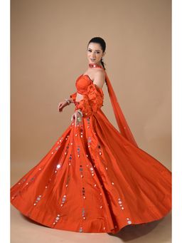 Label Nilansha Jain - Jashn-E-Rang Orange Mirrorwork Stitched Lehenga With Choli And Dupatta