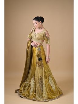 Label Nilansha Jain - Tissue Embroidered Gold Lehenga With Stitched Blouse And Dupatta