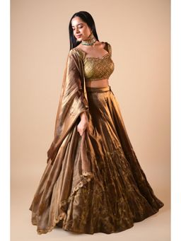 Label Nilansha Jain - Applique Tissue Copper Lehenga With Stitched Blouse And Dupatta