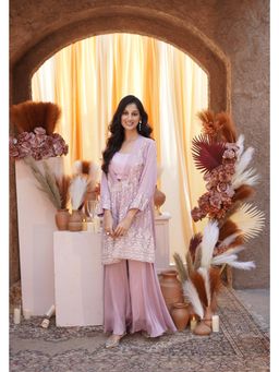 Rizabella - Pink Beads And Stones Top And Palazzo With Shrug