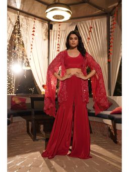 Rizabella - Red Beads And Stones Top And Palazzo With Shrug