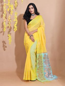 CHARUKRITI - Yellow Cotton Handspun Zari Floral Designs Saree with Unstitched Blouse