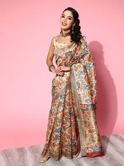 Akhilam - Womens Khadi Silk Beige Printed Designer Saree with Unstitched Blouse