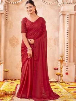 Nyri - Red Georgette Dyed Solid Ready To Wear Saree