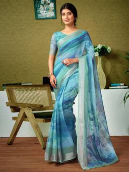 Nyri - Blue Linen Printed Ready To Wear Saree