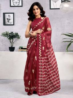 Nyri - Red Pure Cotton Batik Printed Ready To Wear Saree