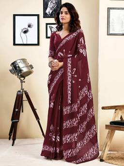 Nyri - Maroon Pure Cotton Printed Ready To Wear Saree