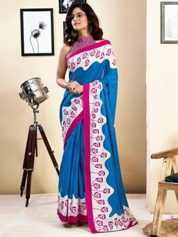 Nyri - Blue Pure Cotton Printed Ready To Wear Saree
