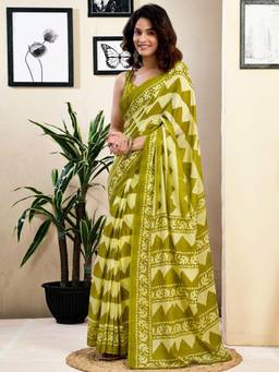 Nyri - Green Pure Cotton Printed Ready To Wear Saree