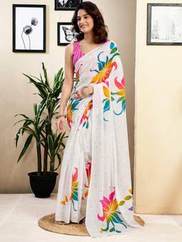 Nyri - White Pure Cotton Printed Ready To Wear Saree