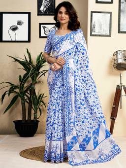 Nyri - White Pure Cotton Printed Ready To Wear Saree