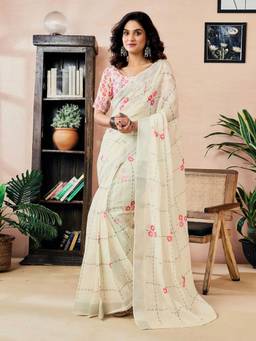 Nyri - Off White Linen Printed Ready To Wear Saree