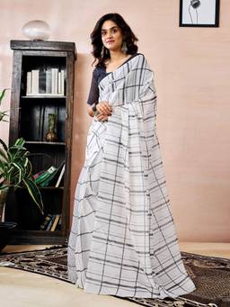 Nyri - White Cotton Chanderi Printed Ready To Wear Saree