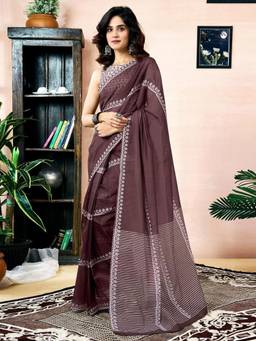 Nyri - Brown Cotton Chanderi Printed Ready To Wear Saree
