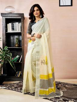 Nyri - White Linen Printed Ready To Wear Saree
