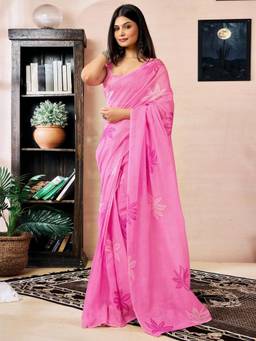 Nyri - Pink Cotton Chanderi Printed Ready To Wear Saree