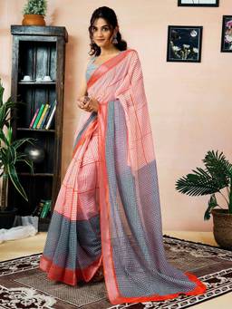 Nyri - Orange Linen Printed Ready To Wear Saree