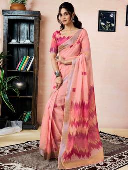 Nyri - Peach Linen Printed Ready To Wear Saree