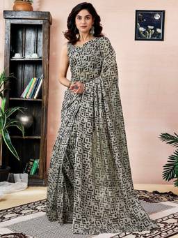Nyri - Beige Cotton Chanderi Printed Ready To Wear Saree