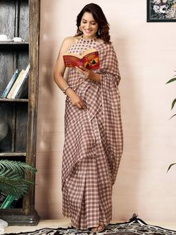 Nyri - Brown Cotton Chanderi Printed Ready To Wear Saree