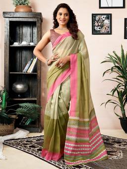 Nyri - Green Cotton Chanderi Printed Ready To Wear Saree