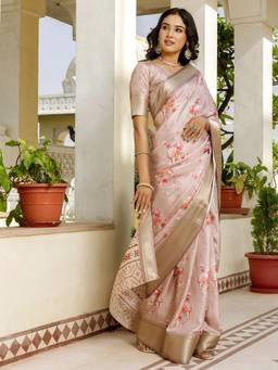 Nyri - Beige Silk Floral Printed Ready To Wear Saree