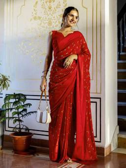 Nyri - Red Georgette Floral Printed Ready To Wear Saree