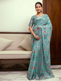 Nyri - Turquoise Linen Floral Printed Ready To Wear Saree