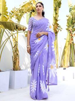 Nyri - Purple Georgette Floral Printed Ready To Wear Saree
