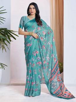 Nyri - Turquoise Georgette Floral Printed Ready To Wear Saree