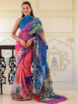 Nyri - Multicolor Cotton Blend Floral Printed Ready To Wear Saree