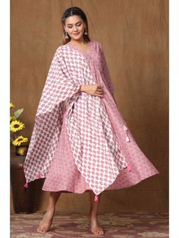 Miravan - Womens Cotton Floral Print Anarkali Kurta with Dupatta (Set of 2)