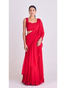 Basanti Kapde aur Koffee - Red Pre-Draped Saree with Stitched Blouse