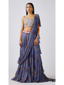 Basanti Kapde aur Koffee - Denim Blue Chinon Embroidered Pre-Draped Saree with Stitched Blouse