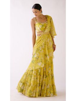 Basanti Kapde aur Koffee - Yellow Embellished Pre-Draped Saree with Stitched Blouse and Belt