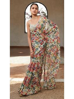 Basanti Kapde aur Koffee - Floral Print Saree with Stitched Blouse