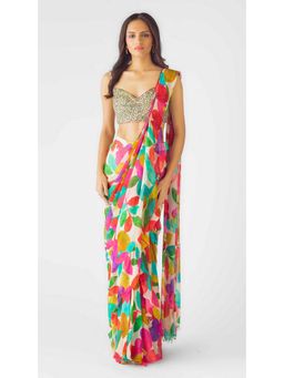 Basanti Kapde aur Koffee - Multi Georgette Embroidered Pre-Drape Saree with Stitched Blouse