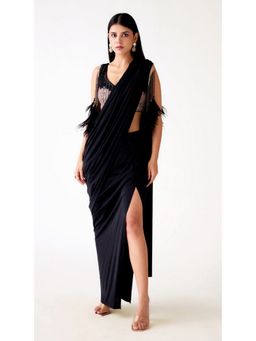 Basanti Kapde aur Koffee - Black Satin Embroidered Slit Pre-Draped Saree with Stitched Blouse