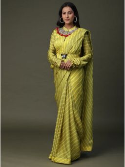 Arpita Sulakshana - Striped Satin Silk Pre-Drape Saree and Stiched Blouse with Belt