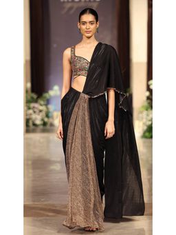 Basanti Kapde aur Koffee - Black Lycra Embroidered Pre-Draped Saree with Stitched Blouse