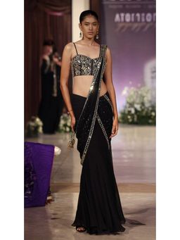 Basanti Kapde aur Koffee - Black Mukaish Embroidered Pre-Draped Saree with Stitched Blouse