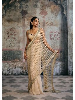 Saanjh by Lea - Sayra Gold Embellished Pre-Drape Saree with Stitched Blouse