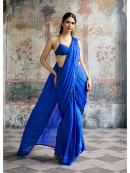 Saanjh by Lea - Naina Cobalt Blue Satin Pre-Drape Saree with Stitched Blouse