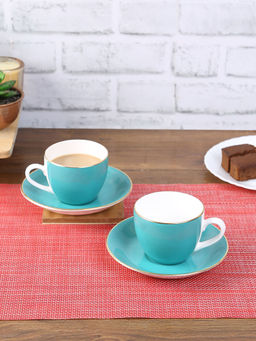HomeTown - Bahamas Ceramic Cup & Saucer Set Of 12 220 Ml in Teal Colour