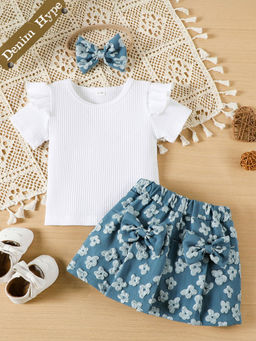 Hopscotch - 2-Piece Floral Embroidered Top and Denim Skirt (Set of 2)