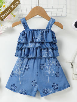 Hopscotch - Floral Print Denim Playsuit
