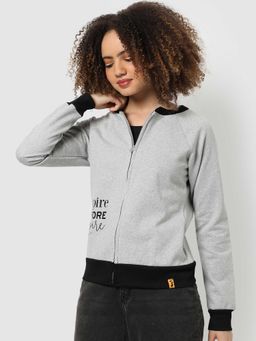 Campus Sutra - Women Grey Printed Zipper Sweatshirt