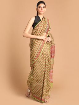 Indethnic - Green Floral Super Net Saree with Unstitched Blouse